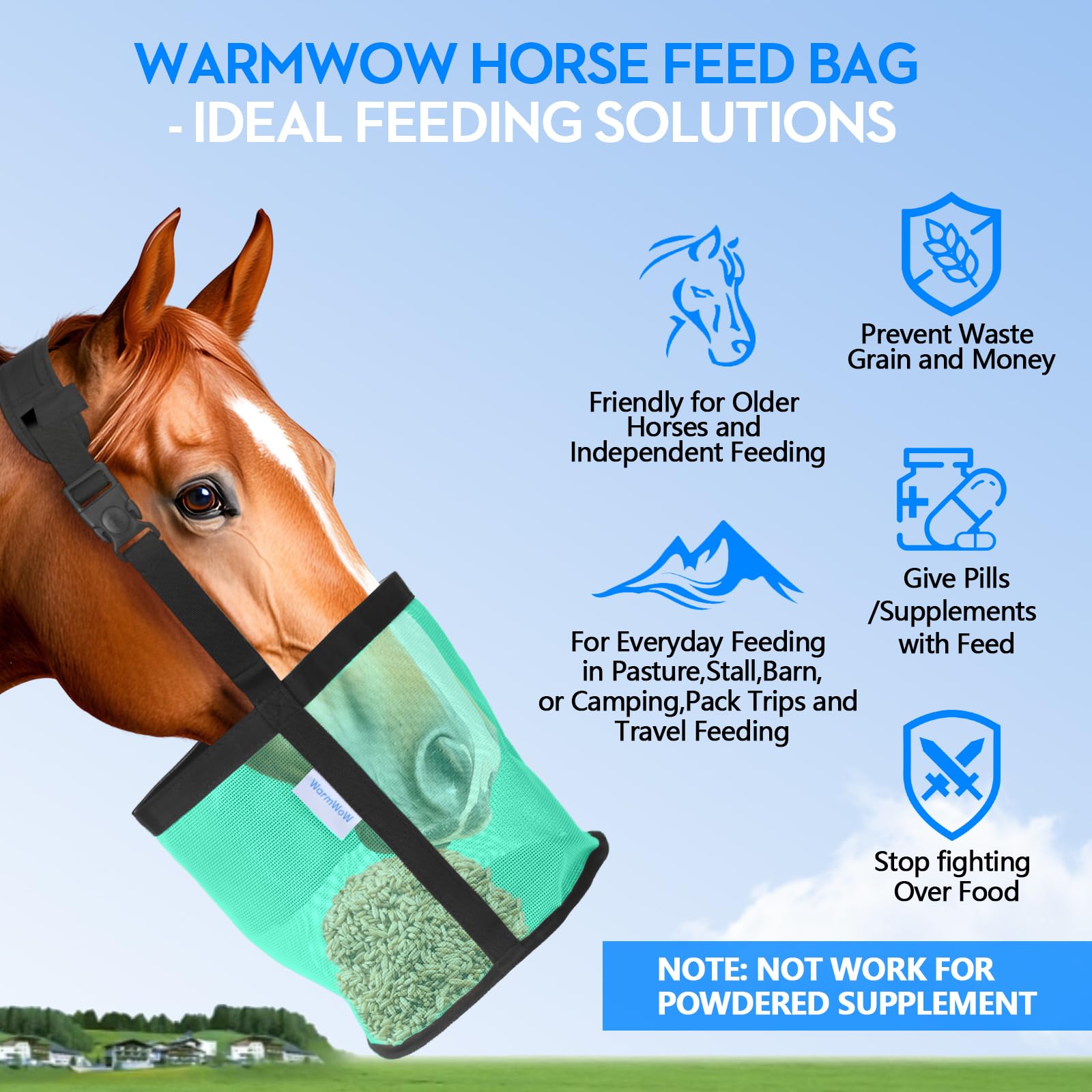 WARMWOW Horse Feed Bag Pack of 2, Feed Bags for Horses with Ventilation Mesh, Comfort Nose Pad Neck Pad, Adjustable Strap, Spill